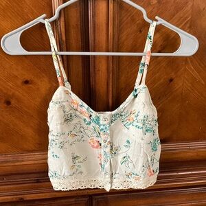 Billabong Floral Button-Up Crop Top with Lace Trim